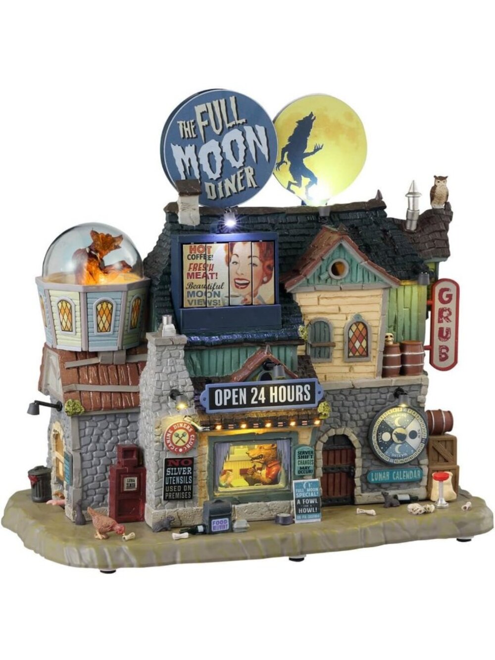 Animated Halloween Diner Building with Lights & Motion - Full Moon Display